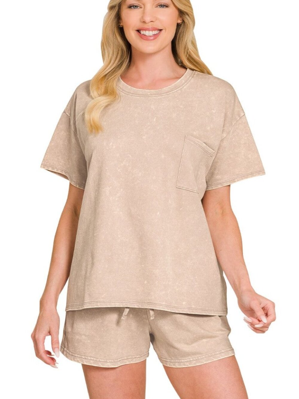 Zenana Ash Mocha French Terry Acid Washed Relaxed Top & Short Set